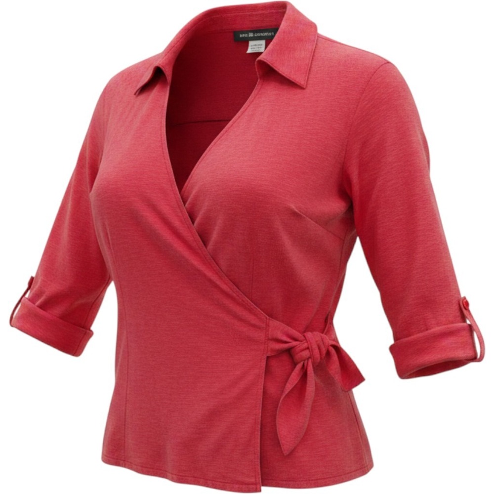 Sag Harbor Red 100% Silk Wrap Top Side Tie 3/4 Sleeve Blouse Size 14 T33140